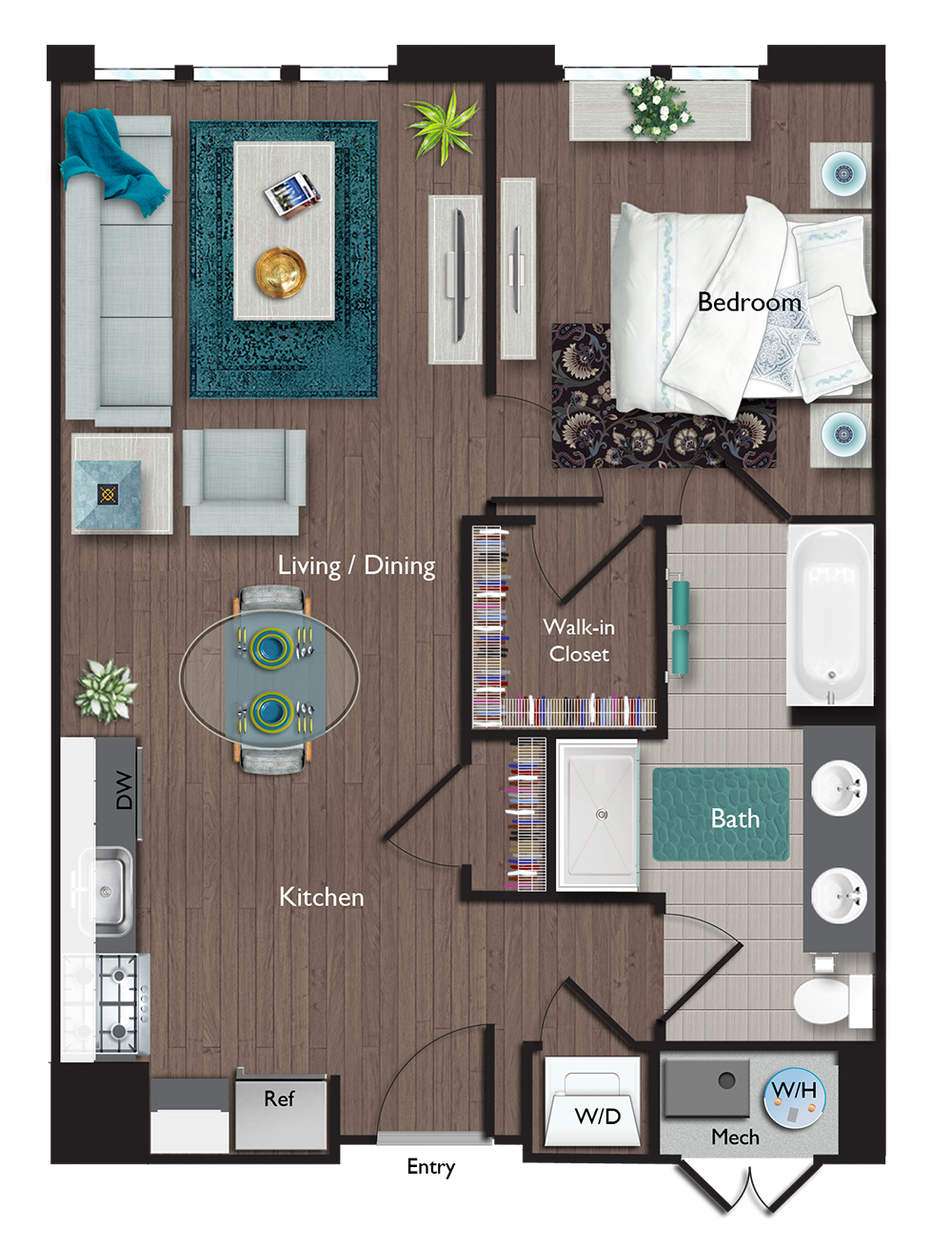 Floor plan for 1 bed, 1 bath, 737 sqft